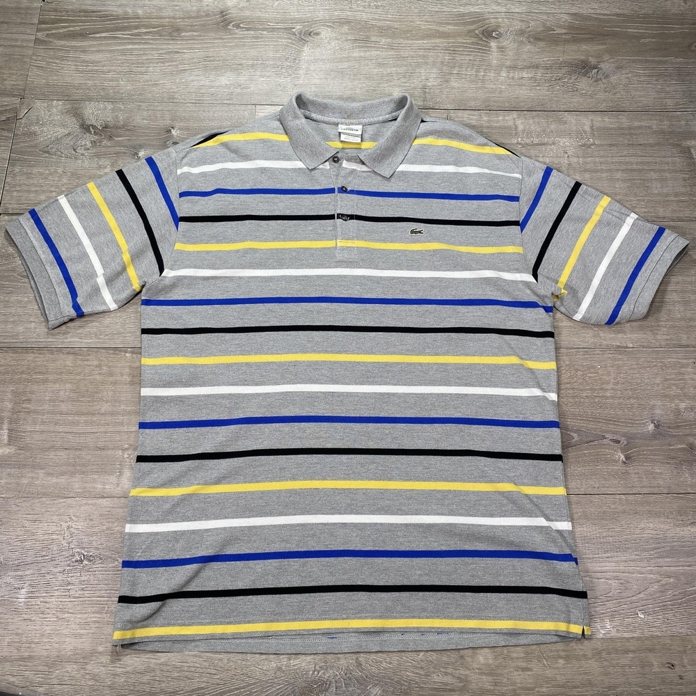 Lacoste Polo Shirt Mens 7 (2XL) Gray Striped Pique Short Sleeve Croc Alligator